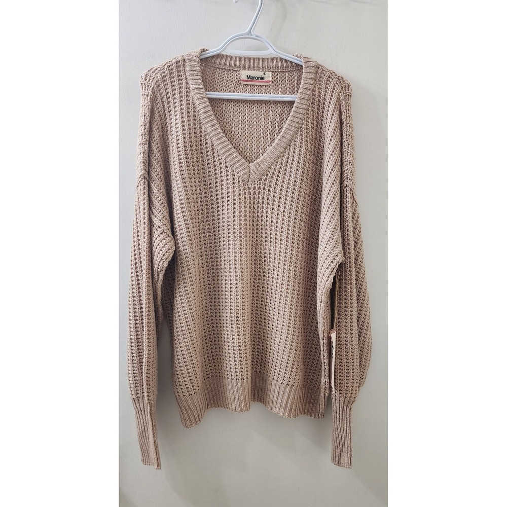 Maronie Tan Beige V-Neck Chunky Knit Wool Blend Sweater MKN2065 Small NWT
